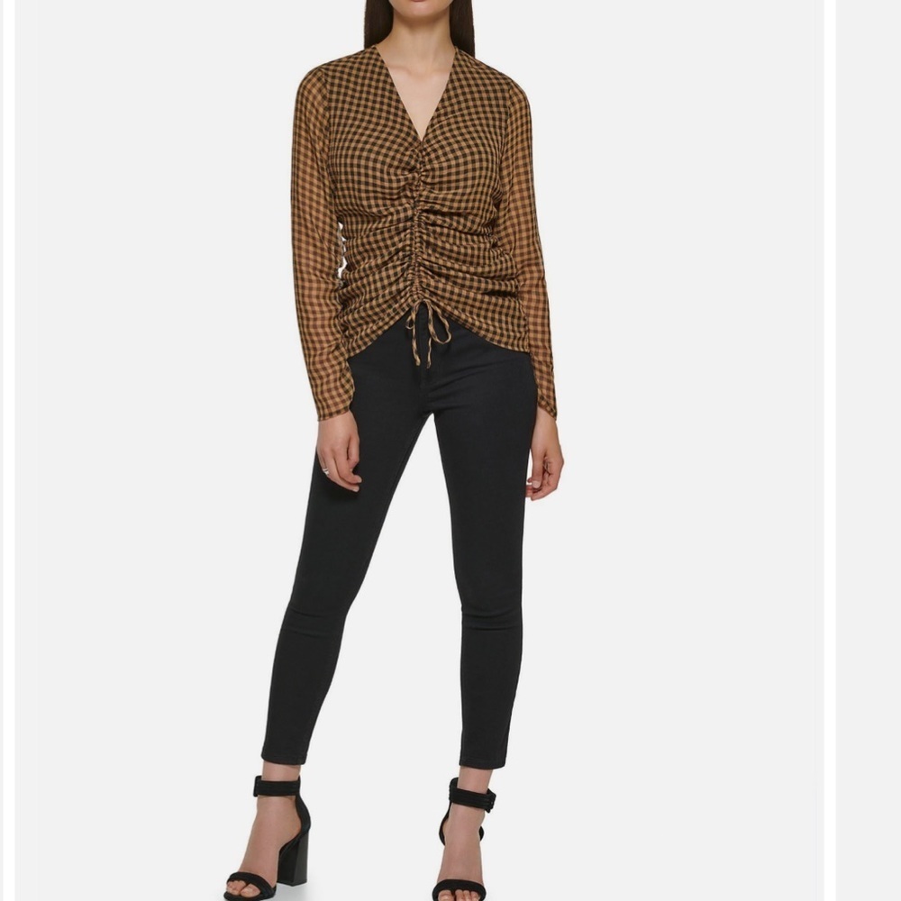 NWT Calvin Klein Women's Checked Gathered Front Blouse Brown